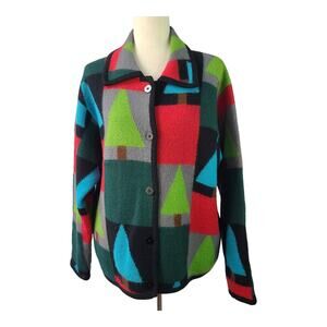 Marisa Christina Red Blue Green Tree Motif Wool Vintage Jacket Sweater Coat M